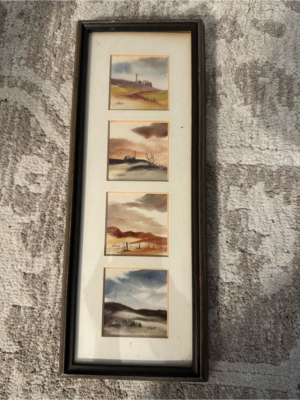 Vintage K Shoop Miniature Watercolor Paintings Set of 4 Framed Rural Folk Art